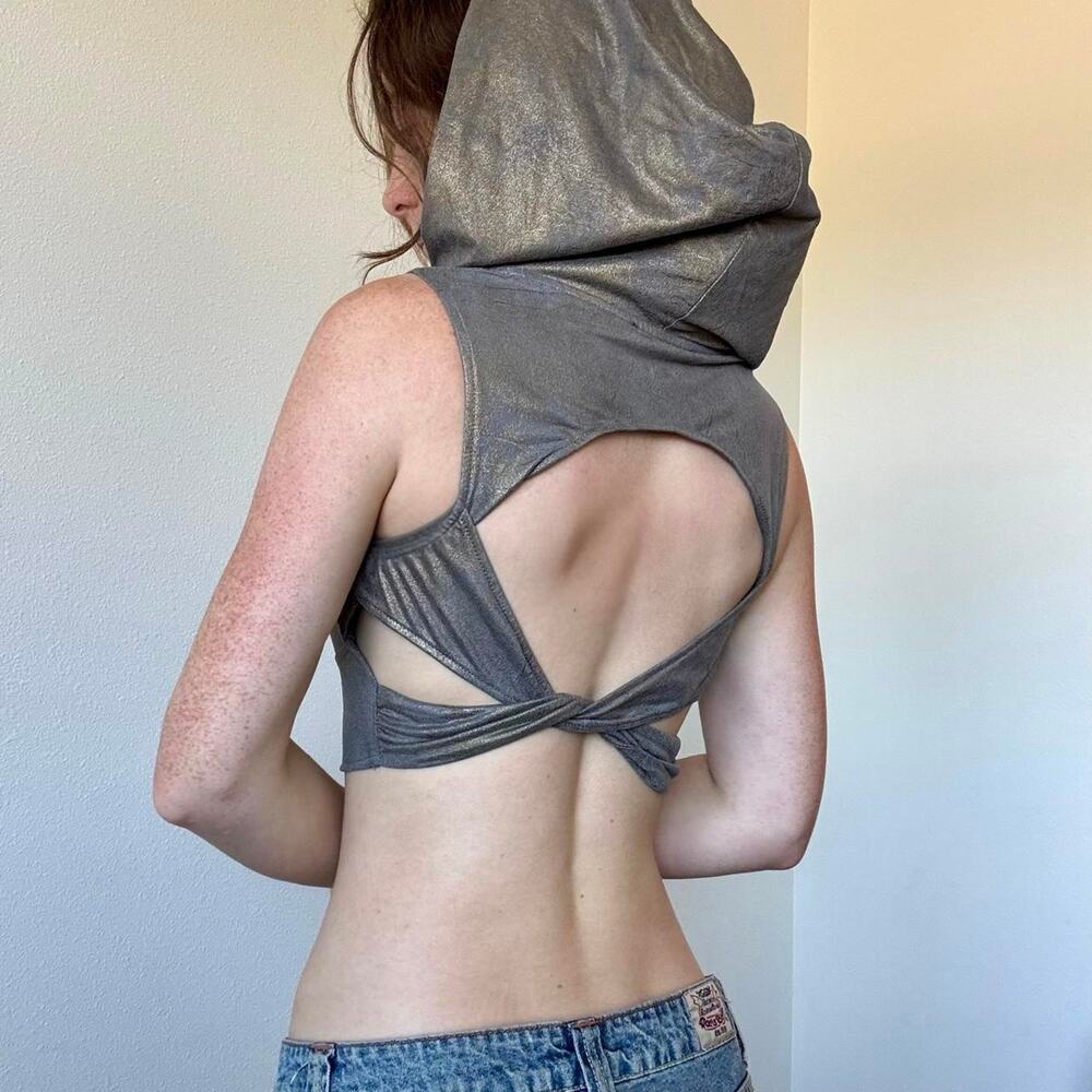 Bershka gray gold metallic backless cutout hooded top